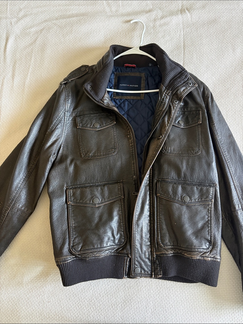 Tommy Hilfiger Dark Brown Leather Bomber Jacket with Navy Lining